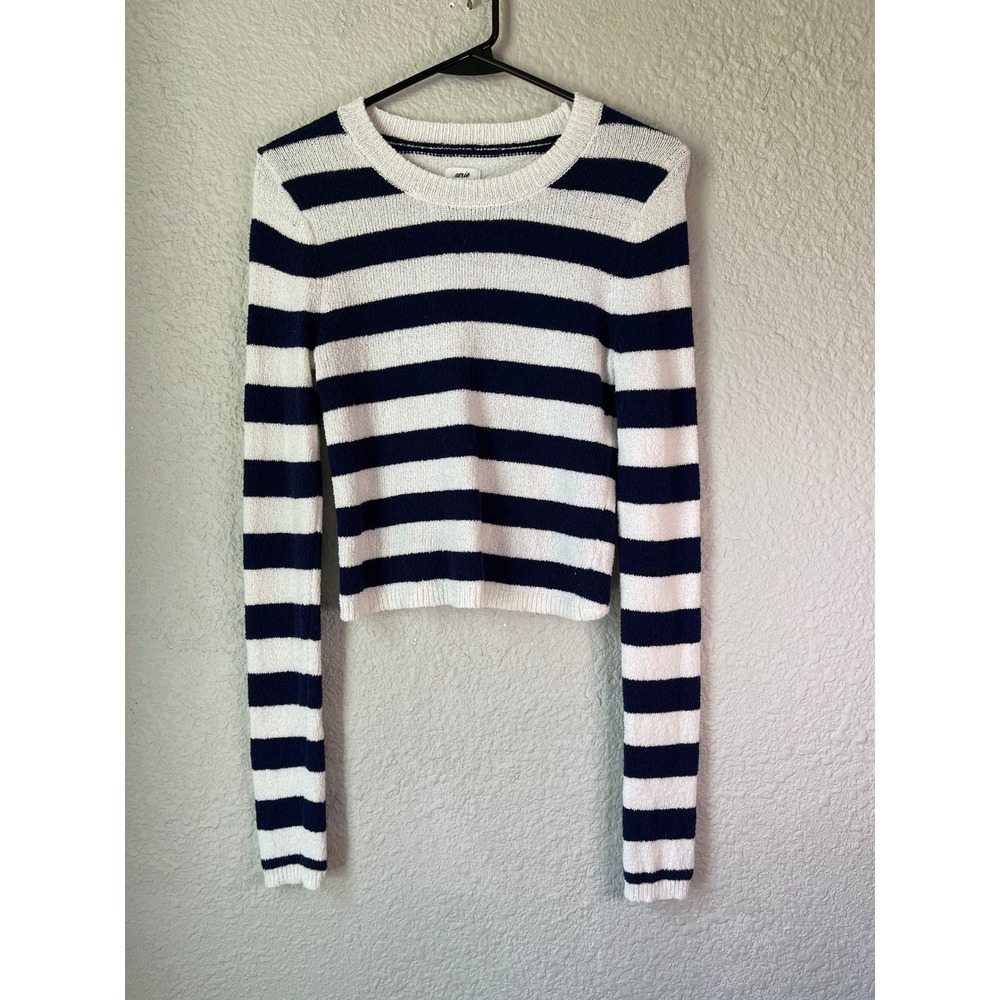 Aerie Striped Cropped Knit Sweater Blue White Long Sleeve‎ Small Cutout